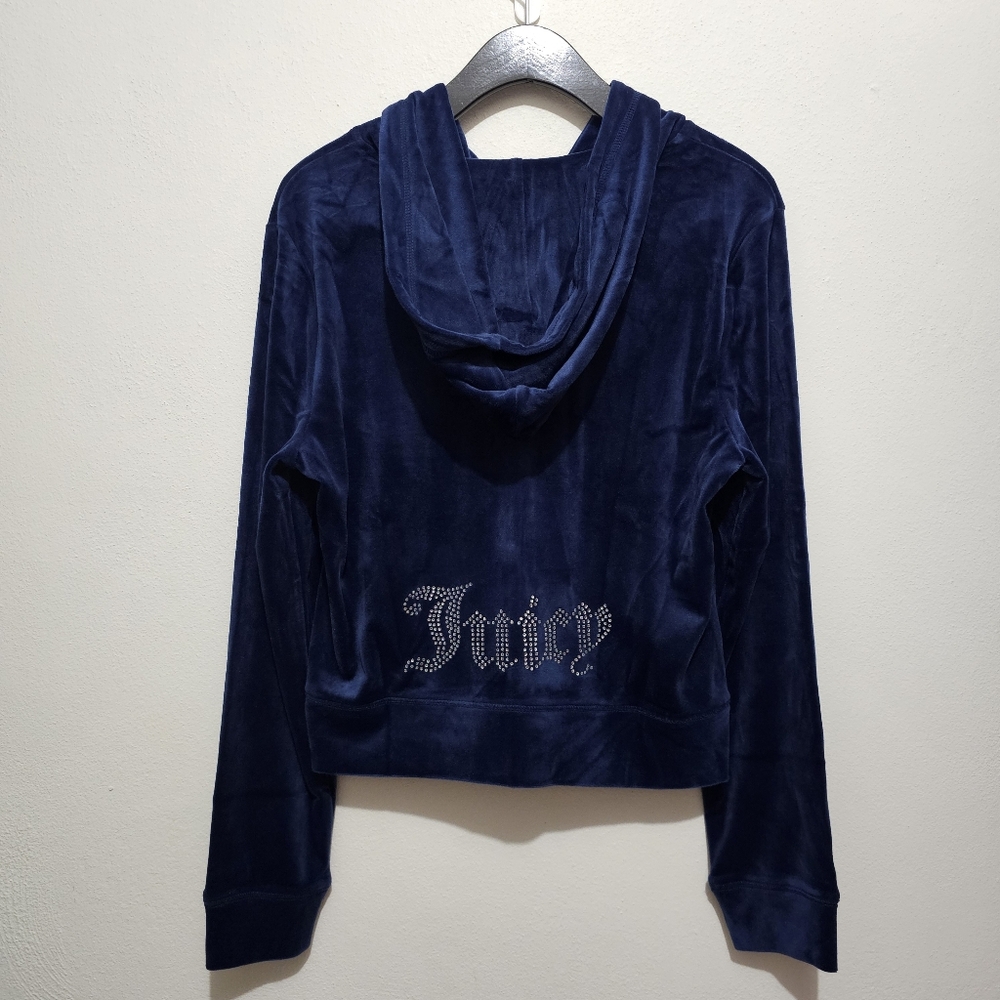 Juicy Couture Navy Velour Hoodie & Shorts Set with Rhinestone Juicy Logo Sz L - Picture 2 of 7